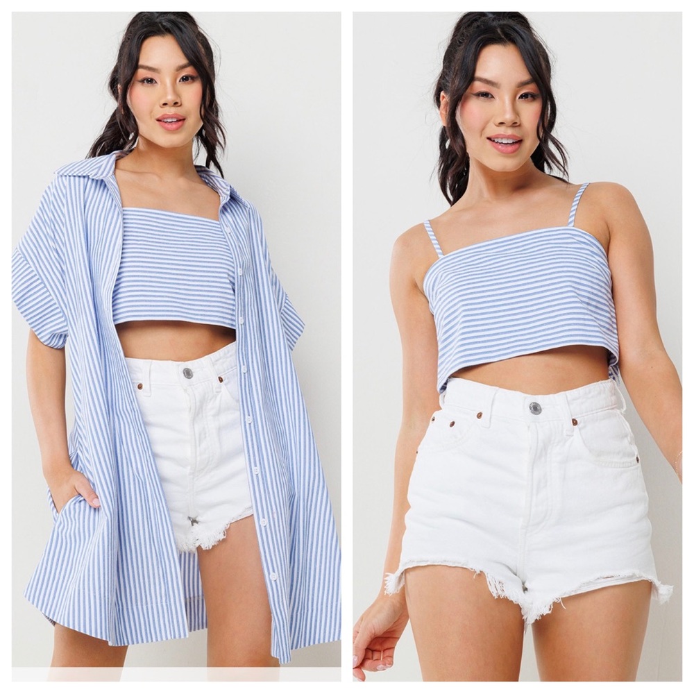 38 Boho 3 Way Wear Striped Copped Top and Shirts Set - Picture 7 of 7
